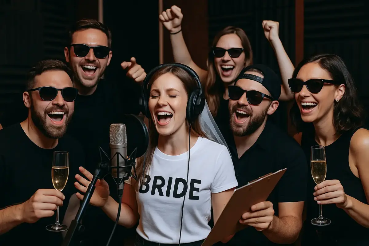 Bachelor/Bachelorette Party in a Recording Studio 3 a group of people singing into a microphone