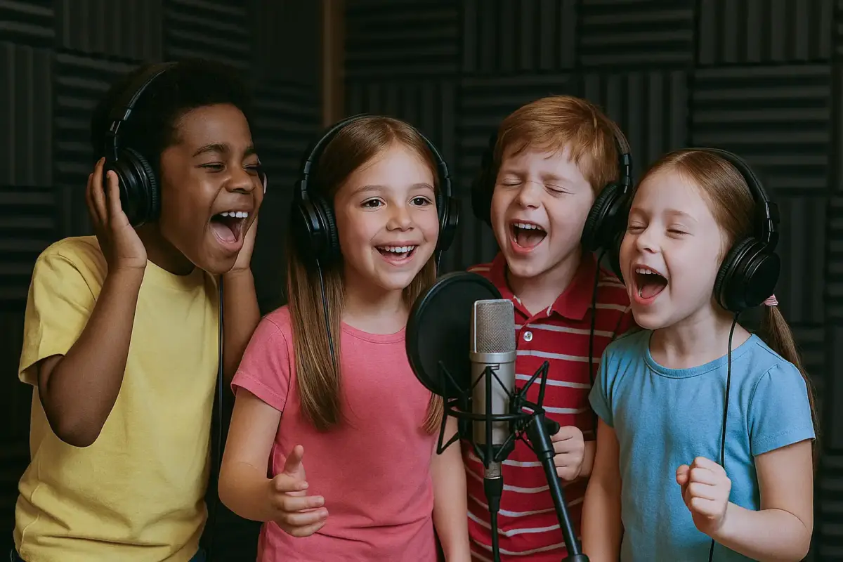 a group of kids singing into a microphone