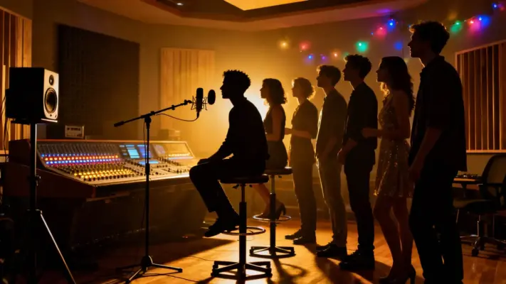 Junggesellinnenabschied 1 Gruppe steht in Silhouette hintereinander vor einem Mikrofon im warm beleuchteten Tonstudio mit Mischpult und Lichterkette.