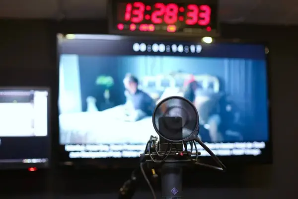 Professionelle Sprachaufnahme im Tonstudio München – SOUNDSTARSTUDIOS Professionelles Neumann-Mikrofon mit Pop-Schutz im Tonstudio München vor einem Monitor mit Timecode und Synchron-Szenen für Sprachaufnahmen und Radiowerbung.