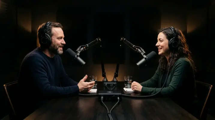 Audio Podcast 1 Ein Mann und eine Frau während einer professionellen Podcast-Aufnahme mit Shure SM7B Mikrofonen und Kopfhörern im SOUNDSTARSTUDIOS Tonstudio München.