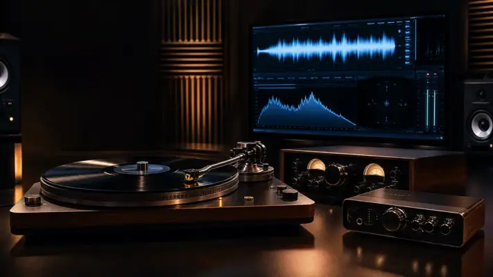 Record LP / VHS / Tape digitize 1 Professional turntable and audio restoration workstation at SOUNDSTARSTUDIOS Recording Studio and Music Studio in Munich for digitizing vinyl records, VHS tapes, and audio cassettes.