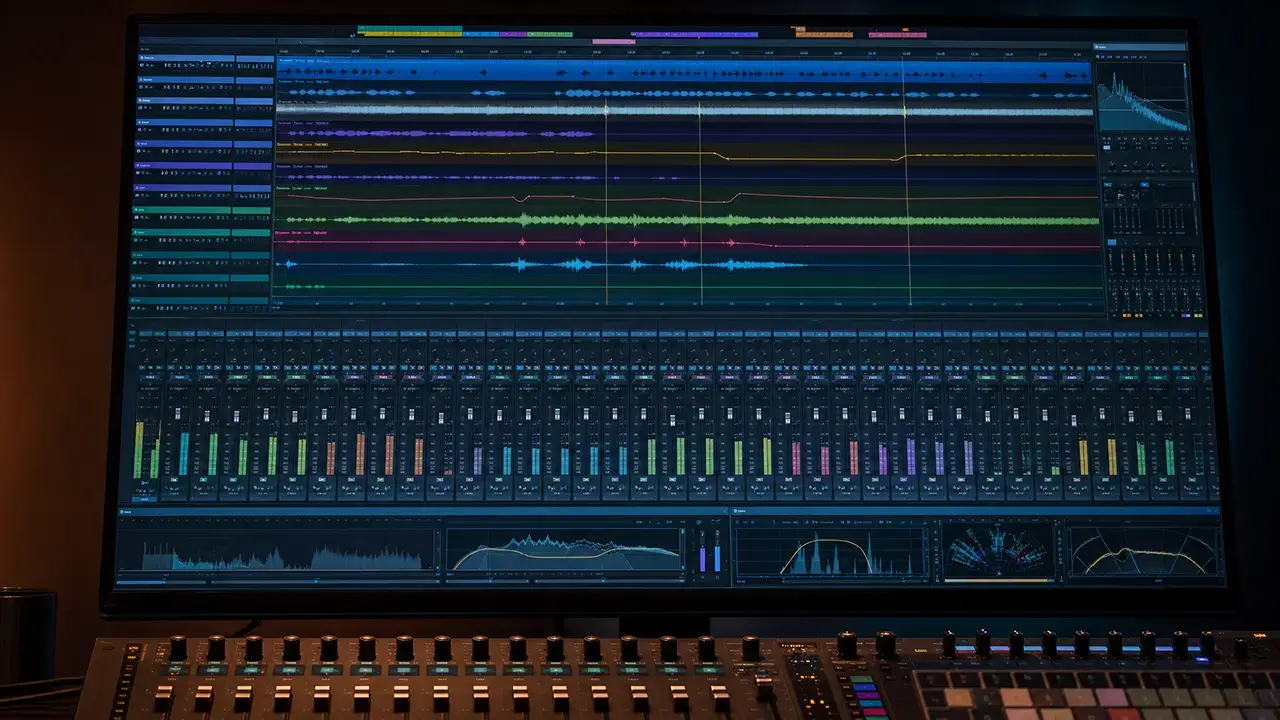 Employee Event in a Recording Studio: How Your Team Becomes a Music Project 3 Screen showing a multitrack session above a mixing console during mixing in a recording studio