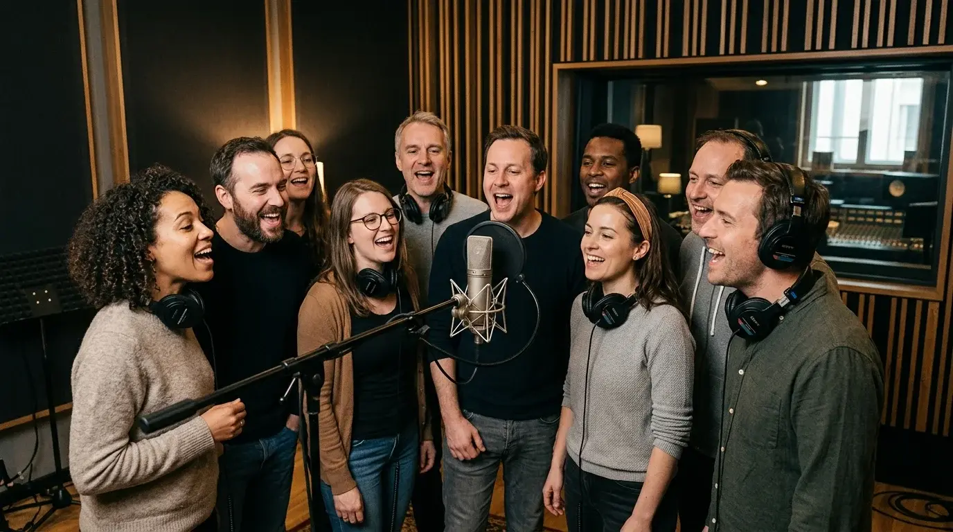 Group of employees singing together around a large-diaphragm microphone in a recording studio