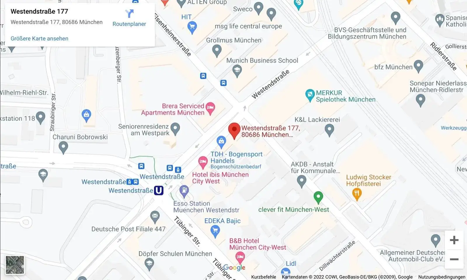 Mitarbeiter-Event im Tonstudio: So wird euer Team zum Musikprojekt 4 Karte mit dem Standort der SOUNDSTARSTUDIOS in der Westendstraße 177 in München