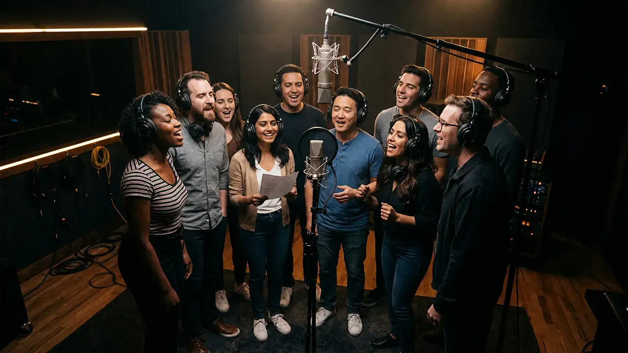 Mitarbeiter-Event im Tonstudio: So wird euer Team zum Musikprojekt 2 Gruppe mit Kopfhörern singt gemeinsam vor einem Mikrofon in einem Tonstudio