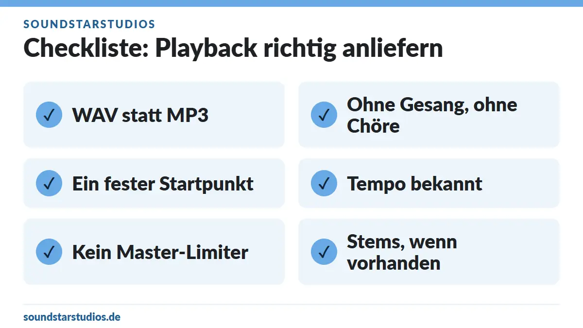 Gesangsaufnahme im Tonstudio: Was du mitbringen musst – und was das Studio übernimmt 2 Gesangsaufnahme vorbereiten – Checkliste für die Playback-Anlieferung: WAV statt MP3, ohne Gesang, fester Startpunkt, bekanntes Tempo, kein Master-Limiter, Stems