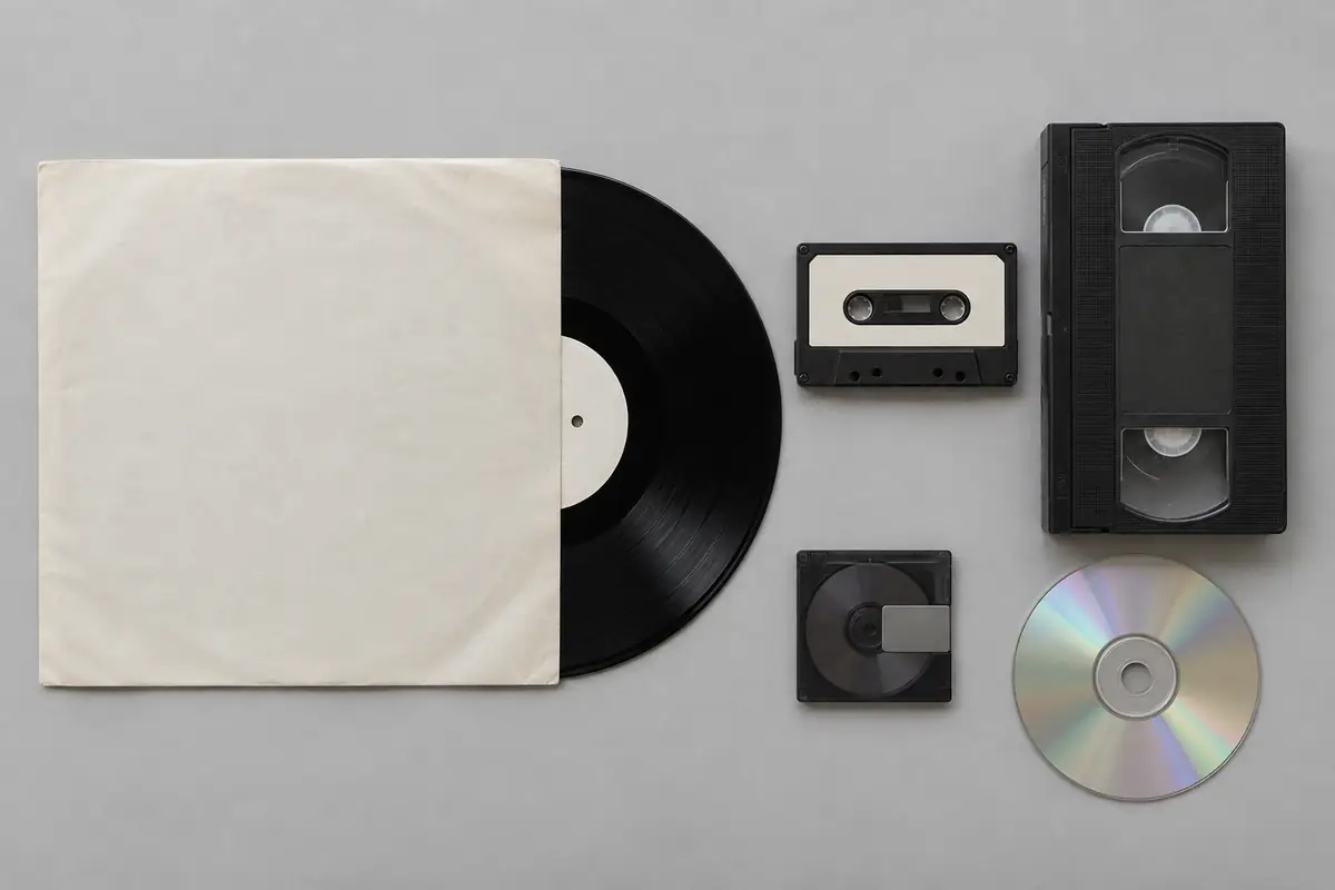 Tonträger digitalisieren: Was du vor dem Termin klären solltest 2 Schallplatte, Audiokassette, VHS-Kassette, MiniDisc und CD nebeneinander auf neutralem Untergrund