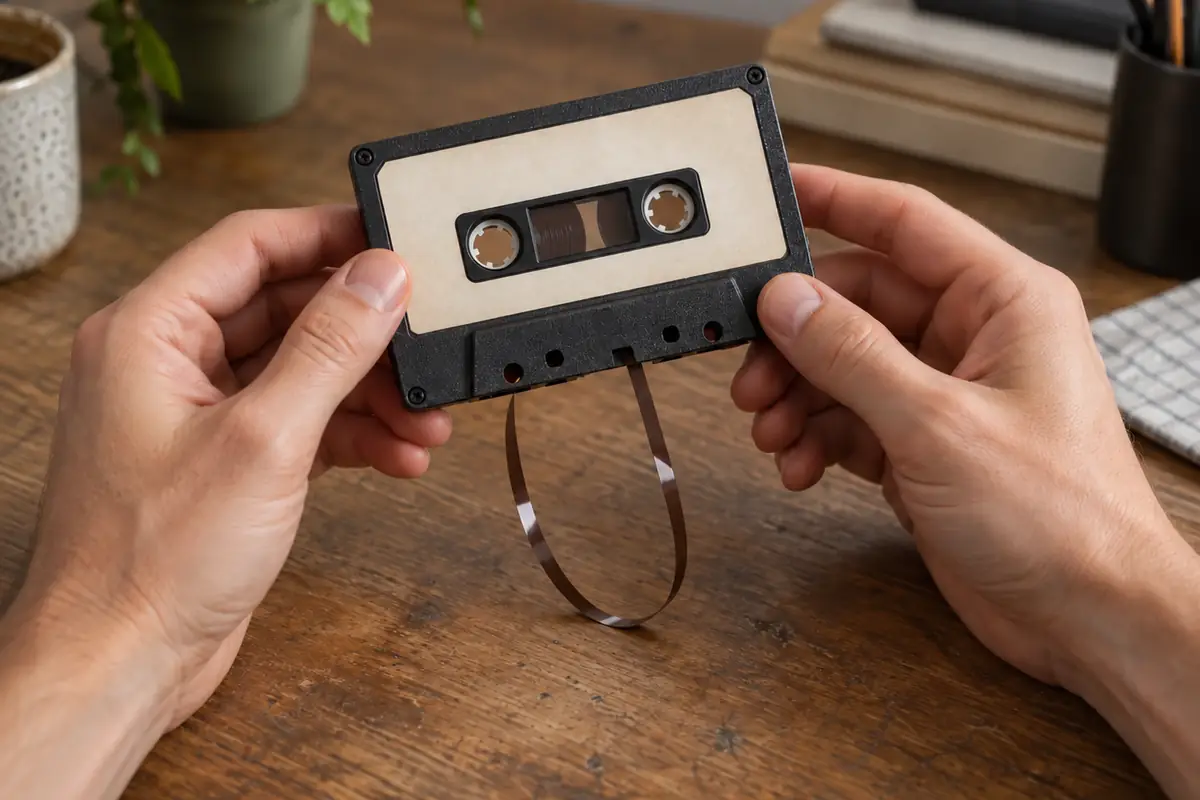 Tonträger digitalisieren: Was du vor dem Termin klären solltest 3 Zwei Hände halten eine Audiokassette, aus der eine lose Bandschlaufe hängt